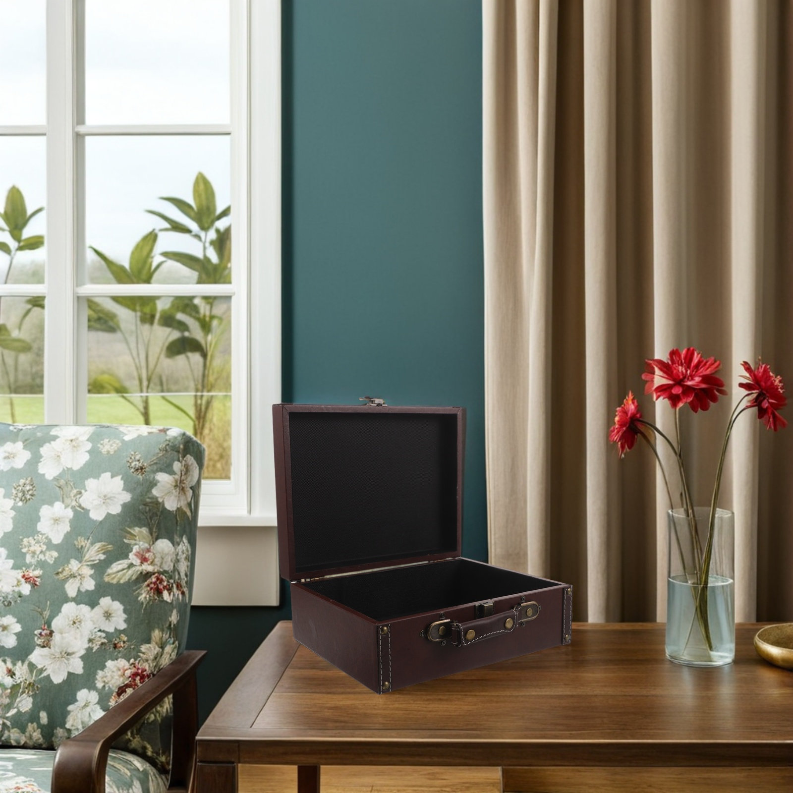 Retro Vintage Trunk Suitcase - กล่องเก็บของไม้สไตล์เรโทร กระเป๋าเดินทางวินเทจแบบพกพา พร็อพตกแต่ง PU สำหรับถ่ายภาพ ของชำร่วยงานแต่งงาน
