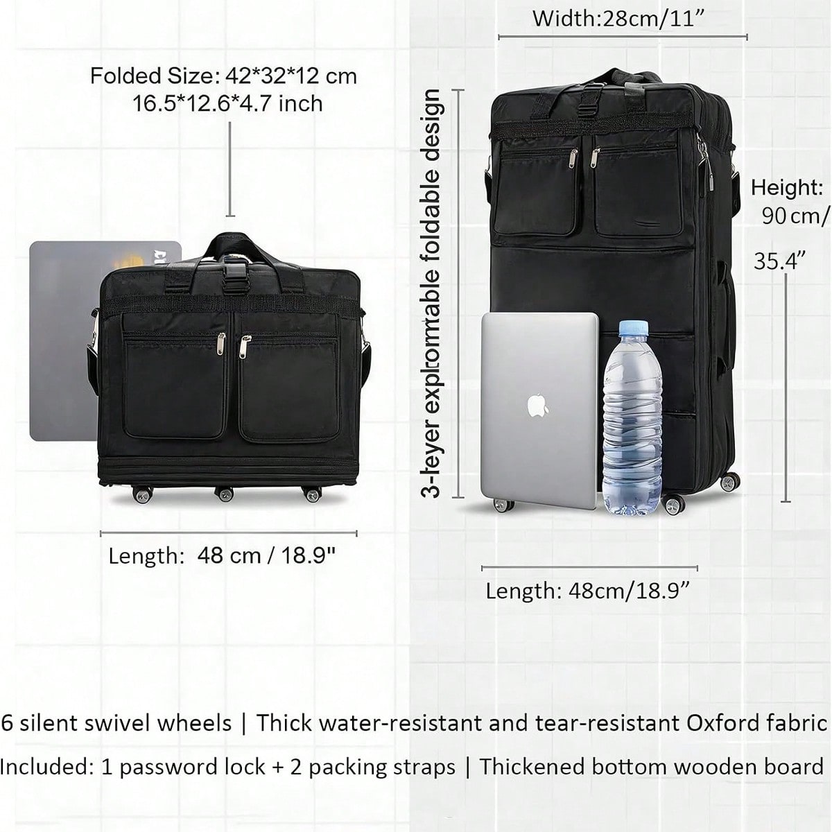 กระเป๋าเดินทางแบบมีล้อสีดำ ขยา - Foldable Rolling Luggage Bag บทวิจารณ์และราคา